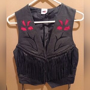 Black Leather Fringe Vest with Red Floral Design